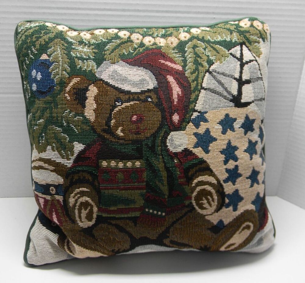 Christmas Bear Tapestry Pillow 12 inches Holiday Vintage